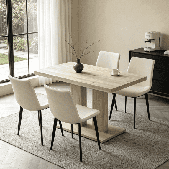 46.2 Inch Modern Kitchen Table With 4 Faux Leather Chairs, Dining Table Set For 4-6 People,Breakfast Nook Oak Table & 4 Beige Chairs,Rectangular Dining Room Table Set For Home, Small Spaces