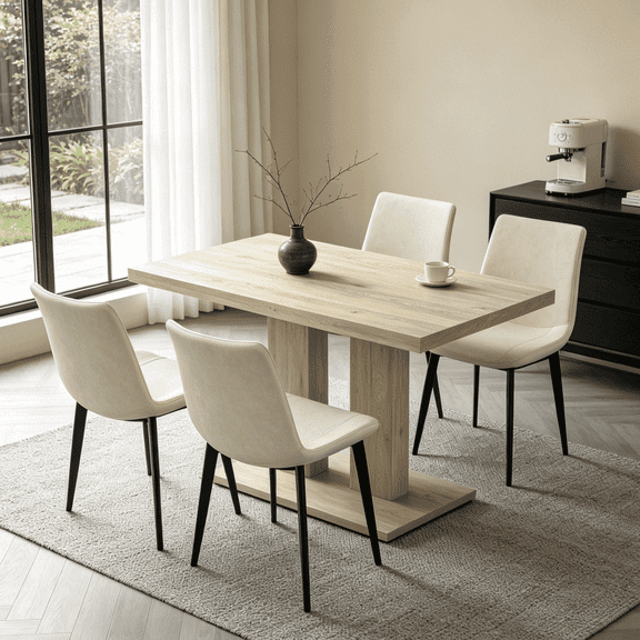 46.2 Inch Modern Kitchen Table With 4 Faux Leather Chairs, Dining Table Set For 4-6 People,Breakfast Nook Oak Table & 4 Beige Chairs,Rectangular Dining Room Table Set For Home, Small Spaces