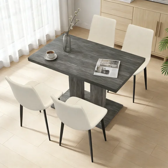 46.2 Inch Modern Kitchen Table With 4 Faux Leather Chairs, Dining Table Set For 4-6 People,Breakfast Nook Oak Table & 4 Beige Chairs,Rectangular Dining Room Table Set For Home, Small Spaces