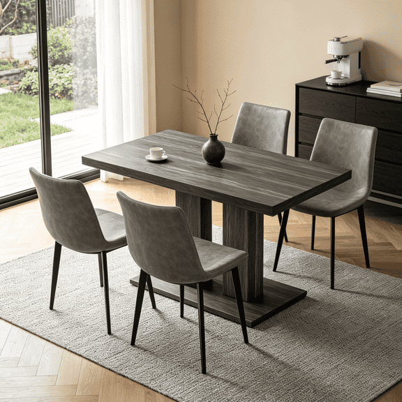46.2 Inch Modern Kitchen Table With 4 Faux Leather Chairs, Dining Table Set For 4-6 People,Breakfast Nook Oak Table & 4 Beige Chairs,Rectangular Dining Room Table Set For Home, Small Spaces