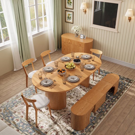 46"-105" Extendable Dining Table for 2-12 People, with Storage Space, Transformer Table, Walnut