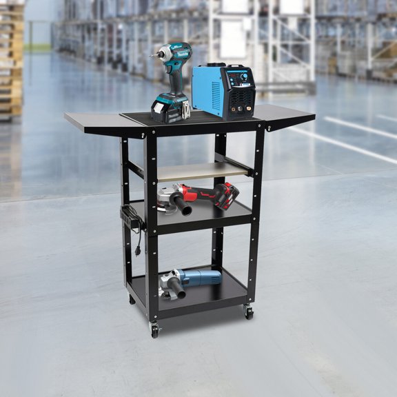 46.25'' x 18'' x 41.75'' 3-Tier Mobile Computer Cart, Q235 Carbon Steel Baking Paint, 300 lbs Capacity, with Power Strip Outlet, 19x9 Inch Retractable Keyboard Tray, for Laptop Monitor Projector