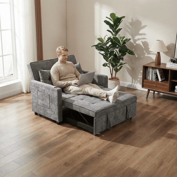 46" 3-In-1 Convertible Sofa Bed, Pull-Out Loveseat Sleeper with USB Ports, Modern Loveseat Sofa Sleeper with Side Pockets for Apartment Office Studios, Antique Grey