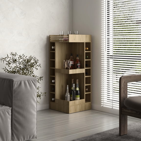 46" 3-Tier Oak Corner Bar Cabinet / Organize Bottles, Complement Dining Room Decor