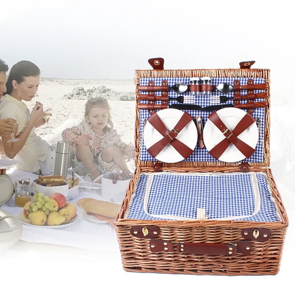 46*33*20cm Free Standing Multicolor Large Wicker Picnic Basket Cups Flatware Set Utensils Basket with PU Straps