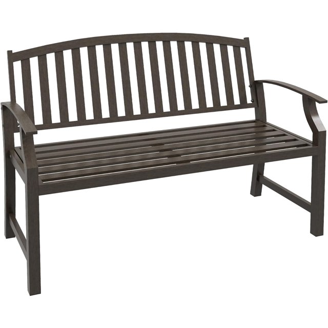 46" Outdoor Garden Bench Metal Bench Wood Look Slatted Frame Furniture