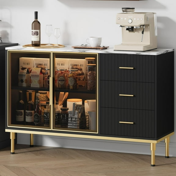46.4" Fluted Buffet Sideboard Cabinet with Faux Marble Top, 2 Glass Doors & 3 Drawers, Modern Storage Hutch with Adjustable Shelves for Kitchen, Dining Room, Living Room,Black