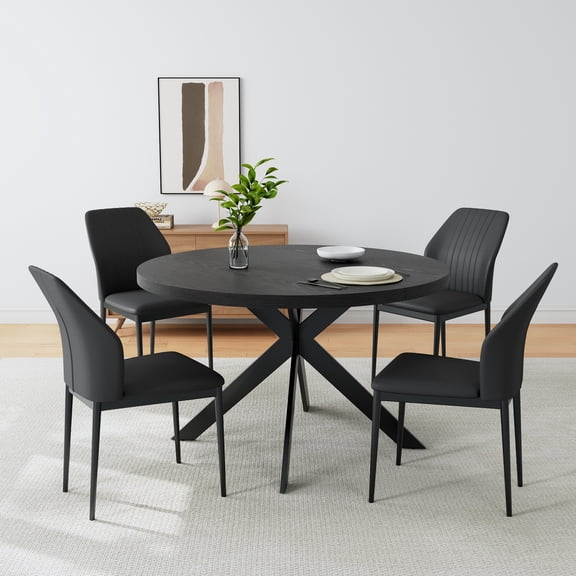 46.4" Round Dining Table Set For 4 , Modern Kitchen Table Set, MDF Dining Table With 4 Dining Chairs