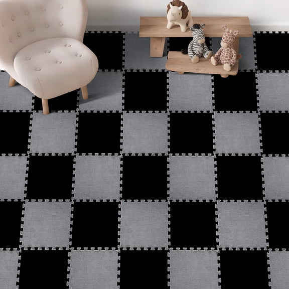 46.4 Sq. Ft. Easy-Install Plush Interlocking Foam Tiles - 11.8"x11.8"x0.51" Non-Slip Kid-Friendly Mat with Borders, Soft Carpet for Toddlers & Bedroom (BLACK & GRAY)