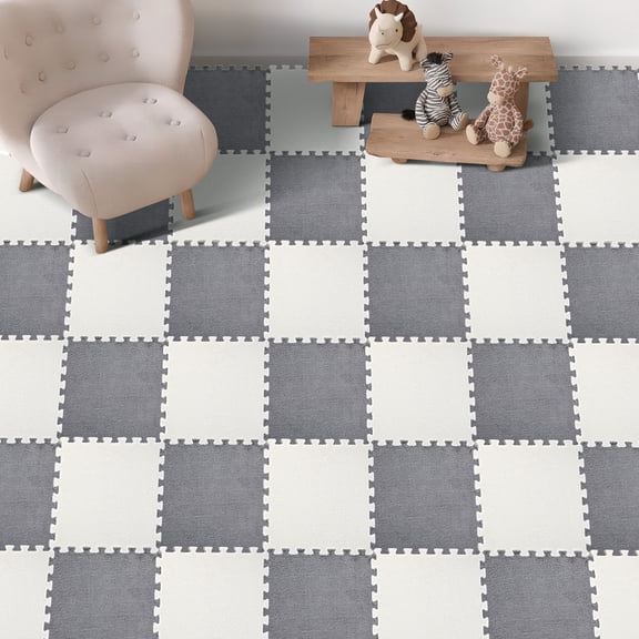 46.4 Sq. Ft. Easy-Install Plush Interlocking Foam Tiles - 11.8"x11.8"x0.51" Non-Slip Kid-Friendly Mat with Borders, Soft Carpet for Toddlers & Bedroom (GREY & WHITE)