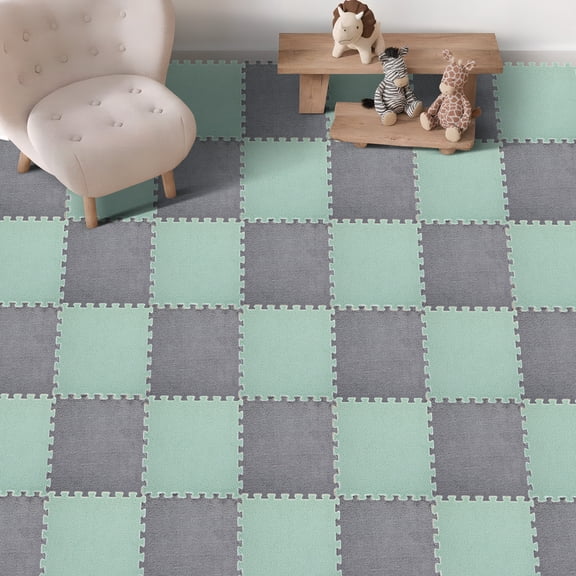 46.4 Sq. Ft. Easy-Install Plush Interlocking Foam Tiles - 11.8"x11.8"x0.51" Non-Slip Kid-Friendly Mat with Borders, Soft Carpet for Toddlers & Bedroom (MINT & GREY)