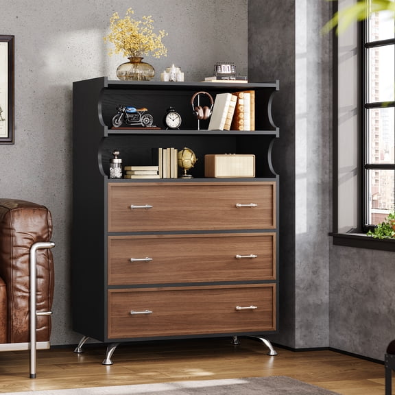 Angrywin 46.4" Tall Dresser with 3 Drawers & 2 Open Shelves, Modern Chest of Drawers with Anti-Tip Device for Bedroom, Living Room, Black and Brown