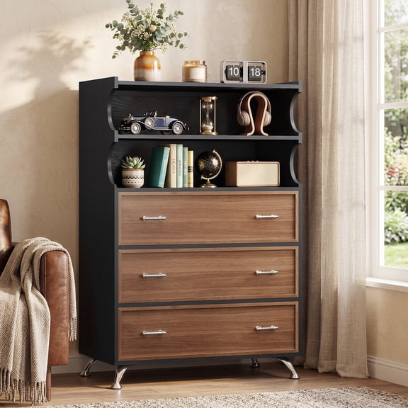 46.4" Tall Dresser with 3 Deep Drawers & 2 Open Shelves, 31.4"W x 15.8"D Modern Chest of Drawers with Anti-Tipping Device, Space-Saving Vertical Storage for Bedroom Living Room, Black and Brown