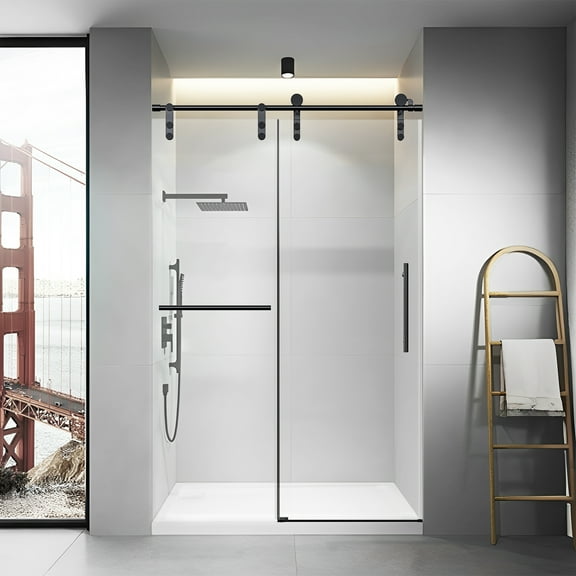 46-48" W * 76" H Frameless Single Sliding Shower Doors , Bathroom Sliding Shower Door With Towel Rail And Auxiliary Handle, 5/16" (8mm) Thick SGCC Tempered Glass Door