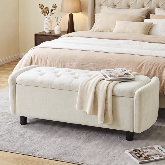 Furniliving 46.5" Chenille Storage Bench, Button-Tufted Upholstered Ottoman with Hidden Storage, End of Bed Bench for Bedroom Entryway Living Room, Beige