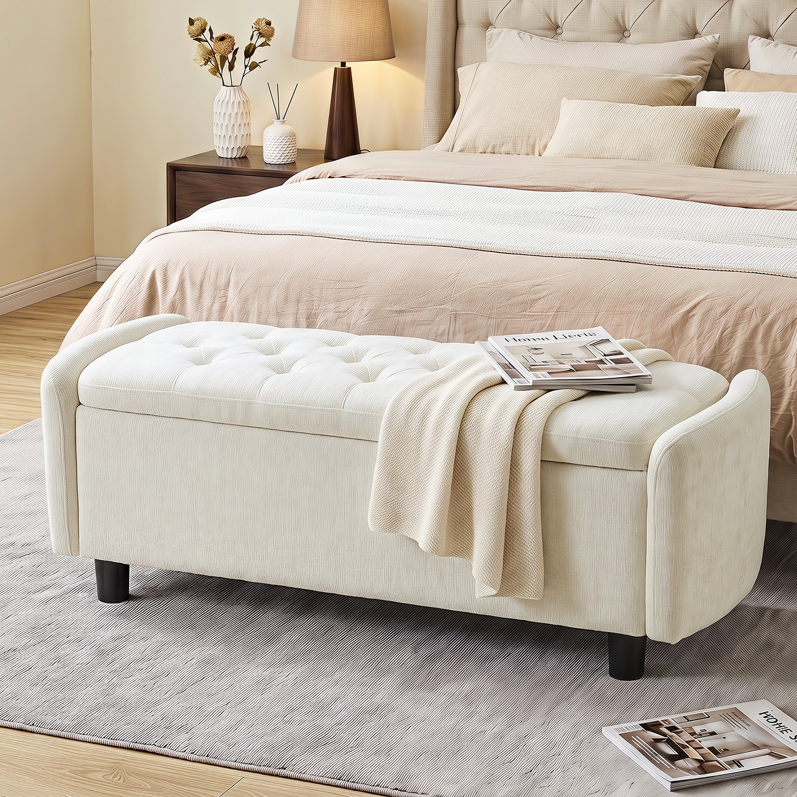 Furniliving 46.5" Chenille Storage Bench, Button-Tufted Upholstered Ottoman with Hidden Storage, End of Bed Bench for Bedroom Entryway Living Room, Beige