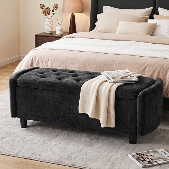Furniliving 46.5" Chenille Storage Bench, Button-Tufted Upholstered Ottoman with Hidden Storage, End of Bed Bench for Bedroom Entryway Living Room, Black