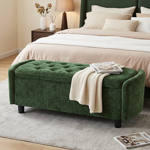 Furniliving 46.5" Chenille Storage Bench, Button-Tufted Upholstered Ottoman with Hidden Storage, End of Bed Bench for Bedroom Entryway Living Room, Green