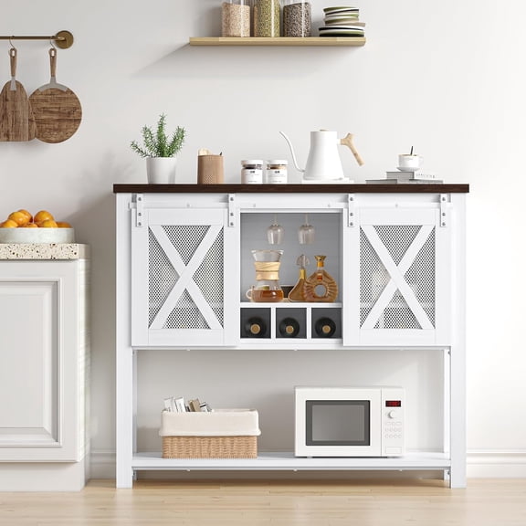 46.5" Farmhouse Coffee Bar Cabinet with 2 Sliding Barn Doors, Kitchen Buffet Sideboard with Drawer Storage, Metal Wood Wine Bar Rack Table for Kitchen Dining Room Living Room,White