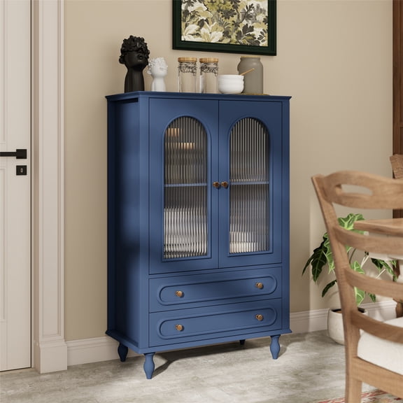 46.5'' Glass Display Cabinet with Ribbed Glass Doors,Wooden Curio Cabinet with 2 Drawers & Adjustable Shelf, Freestanding Buffet Cabinet Unit for Living Room Dining Room