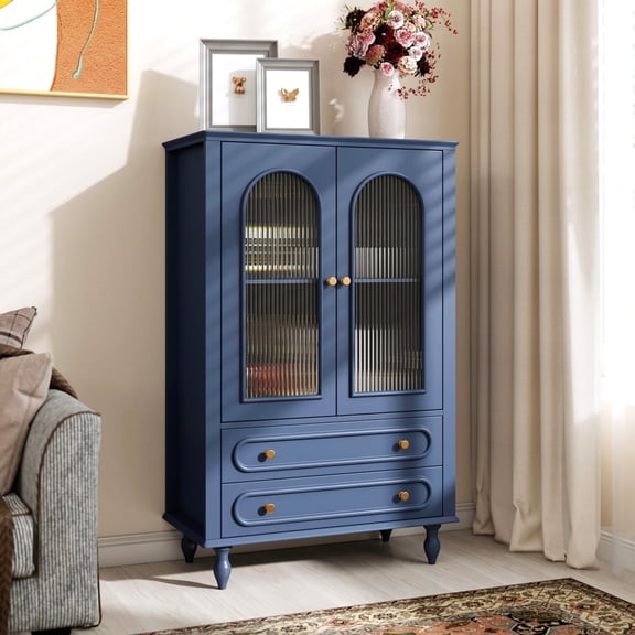46.5'' Glass Display Cabinet with Ribbed Glass Doors,Wooden Curio Cabinet with 2 Drawers & Adjustable Shelf, Freestanding Buffet Cabinet Unit for Living Room Dining Room, Blue
