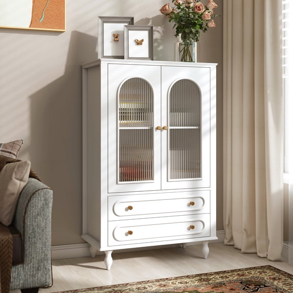 46.5'' Glass Display Cabinet with Ribbed Glass Doors,Wooden Curio Cabinet with 2 Drawers & Adjustable Shelf, Freestanding Buffet Cabinet Unit for Living Room Dining Room, White