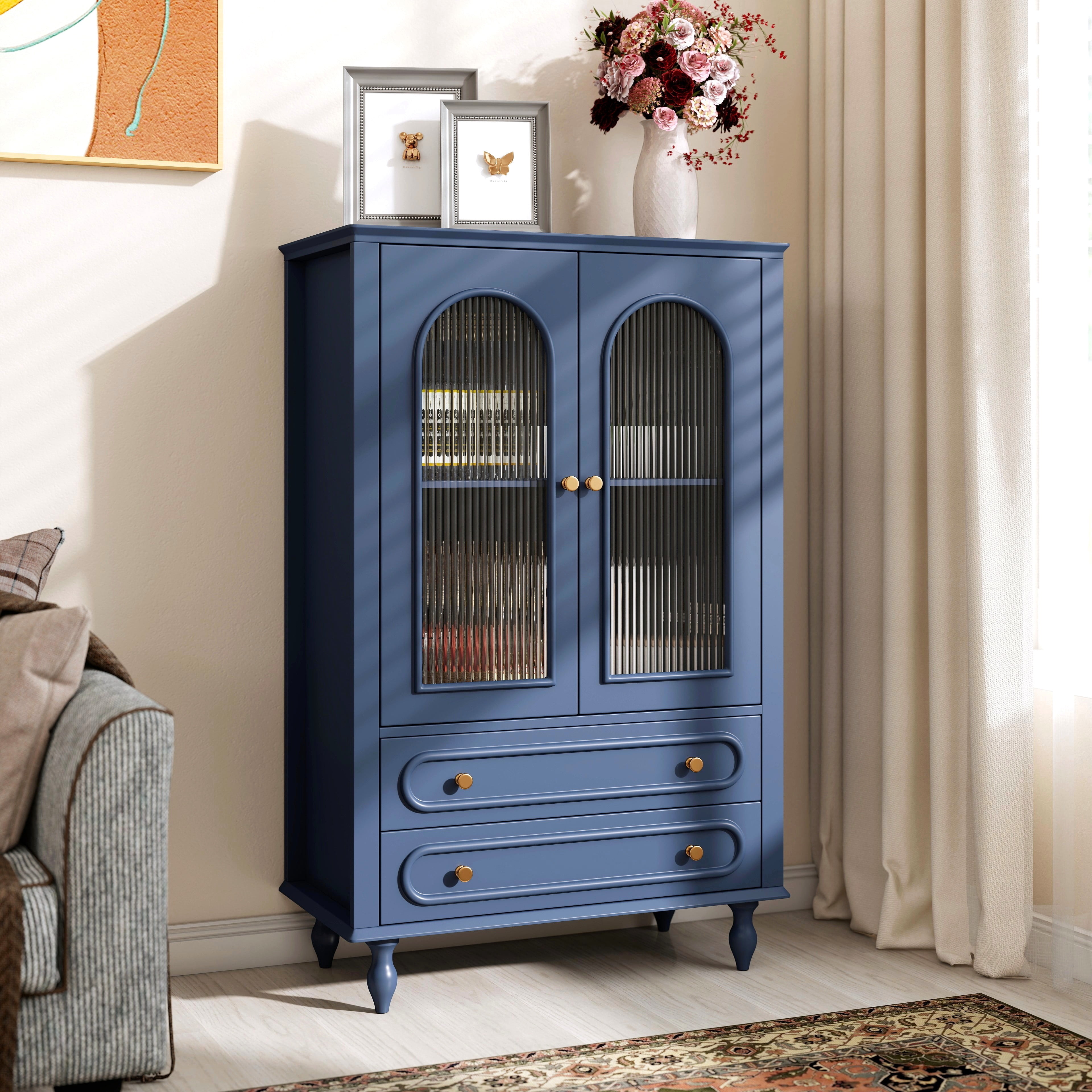 46.5''H Kitchen Buffet Sideboard Cabinet,Farmhouse Glass Display Cabinet with 2 Drawers & Adjustable Shelf,Freestanding Accent Cabinet for Living Room Dining Room,Navy Blue