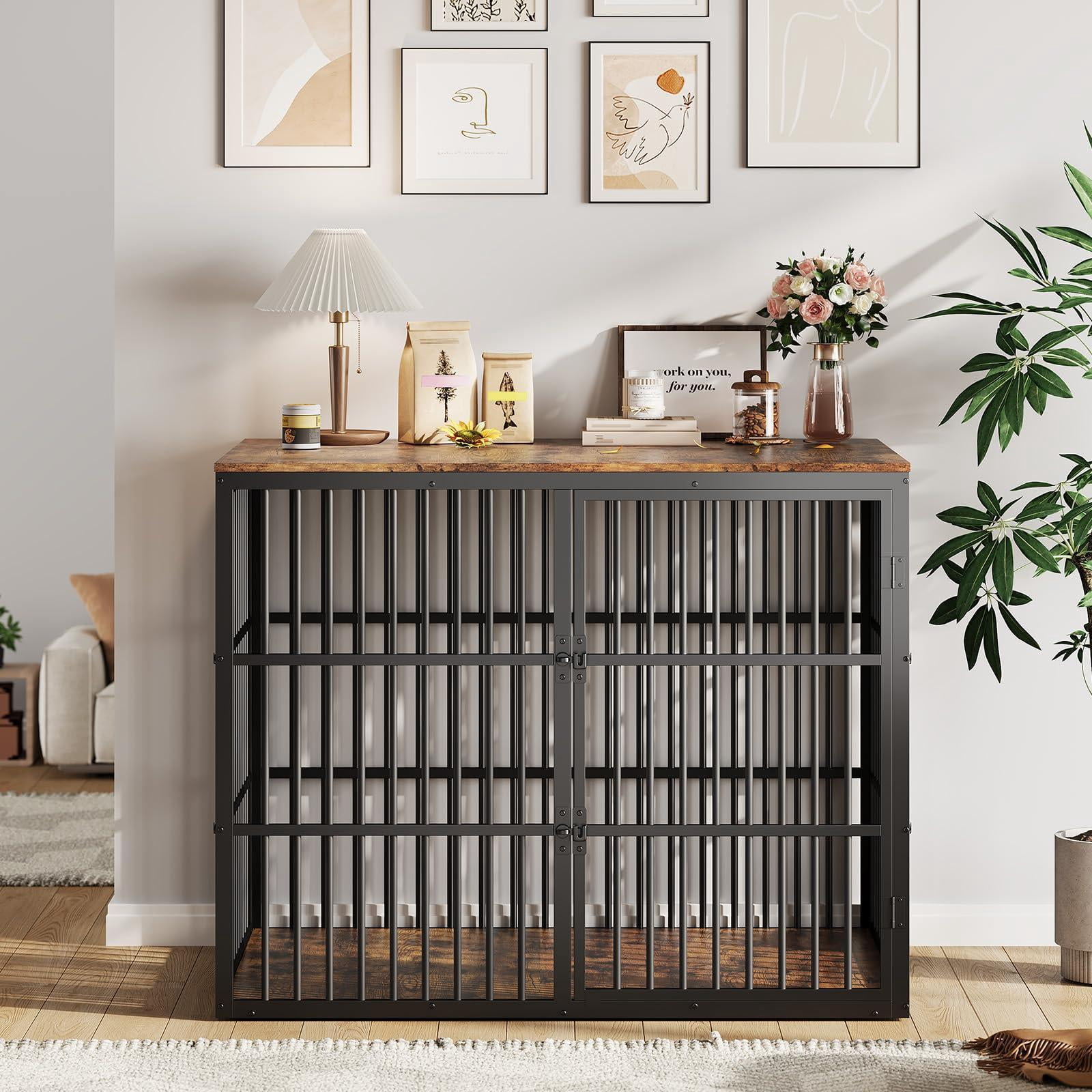 View of 46.5 Inch Metal Wood Combined Dog Crate,Brown & Black - Walmart.com