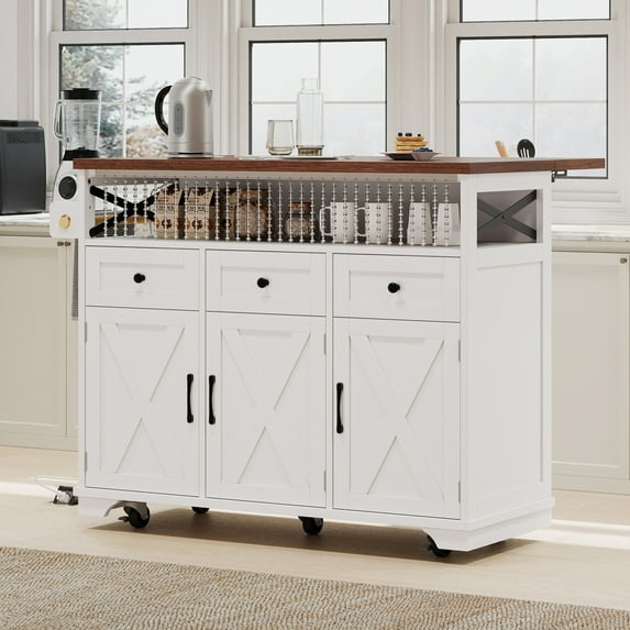 46.5" Large Kitchen Island on Wheels with Drape of Beads, Power Outlet, Adjustable Shelves, Sturdy Kitchen Cart with Drop Leaf, 3 Doors, 3 Drawers and Built-in Iron Shelf for Dining Room, White
