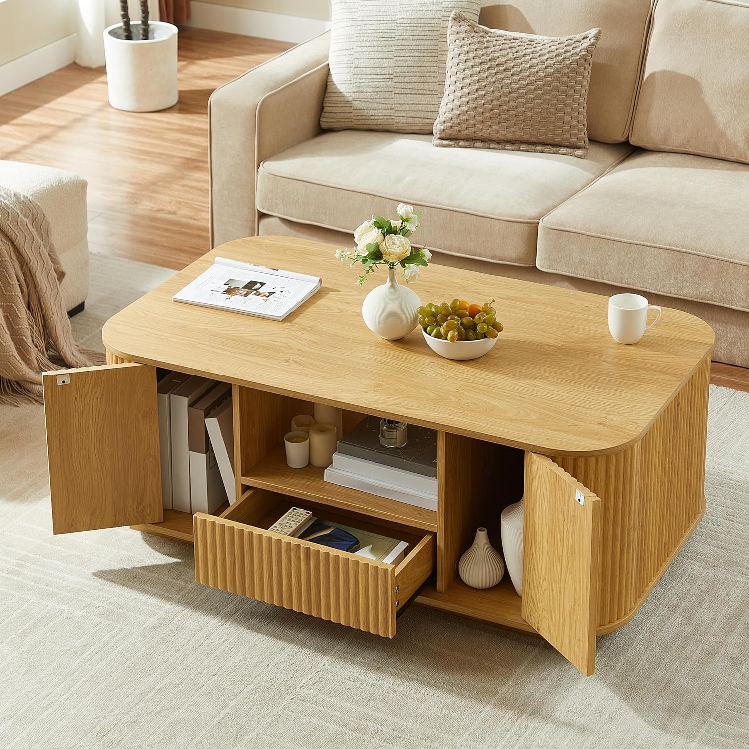46.5" Modern Luxury Oval Coffee Table with Drawers and Storage ...