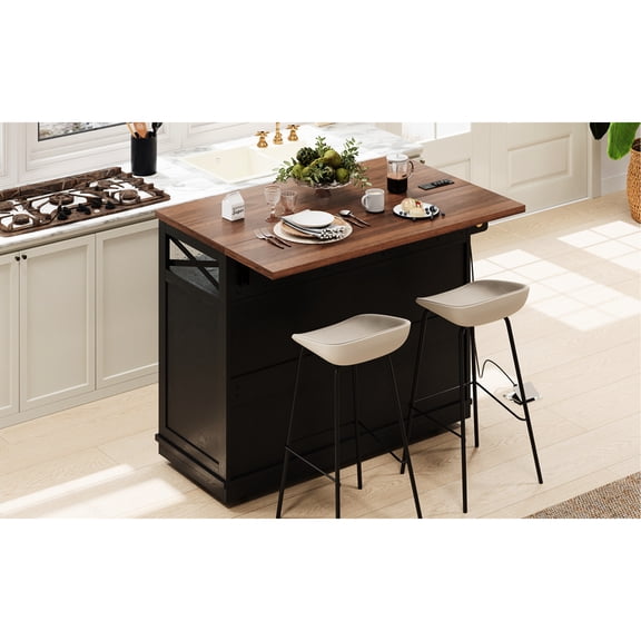 46.5'' Rolling Kitchen Island, Beaded Drape Decoration, Power Socket, 3 Drawers, Doors, Internal Shelf, Black Island With Charging Station, Of Beads, Drop Leaf, Cabinets,
