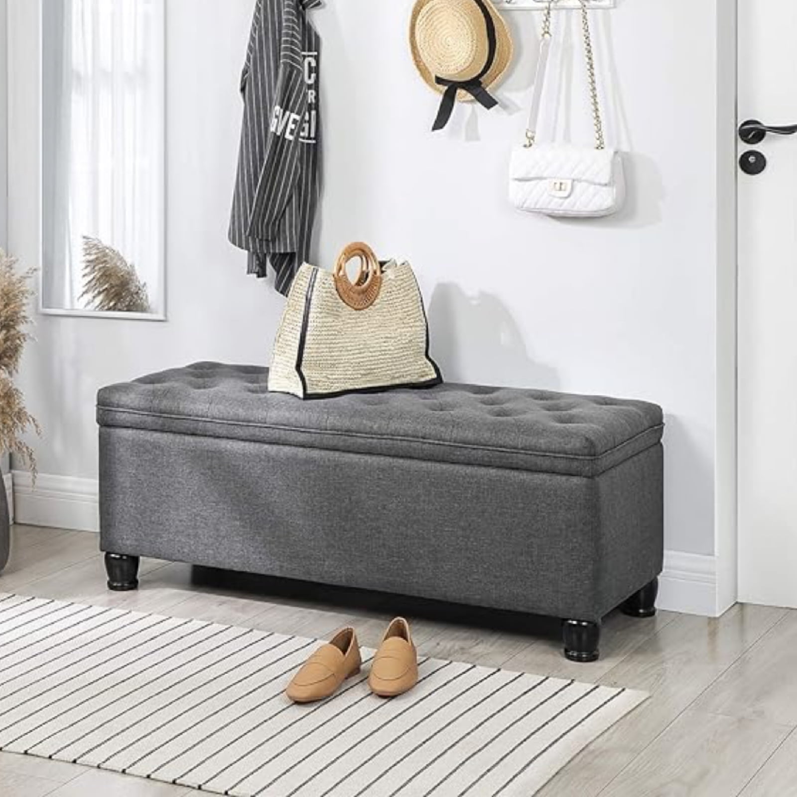 SONGMICS 46.5" Storage Ottoman Bench Holds up to 330lb End of Bed Storage Bench Bedroom Bench Solid Wood Legs Dark Gray