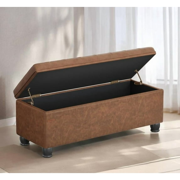 SONGMICS 46.5" Storage Ottoman Bench Synthetic Leather End of Bed Bench Load 330lb Ottoman with Storage for Bedroom Brown