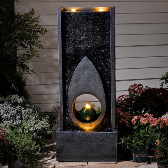 46.5’’Tall Modern Water Fountain Indoor Outdoor Waterfall Feature Floor Standing with Sphere and LED Lights for Garden, Yard, Patio, Deck, Porch, Livingroom Decor