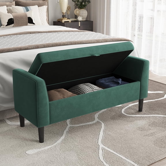 46.5" Velvet Storage Ottoman Bench –Upholstered End-of-Bed Bench, Footrest Seat ,Multi-Functional Shoe Bench with Rolled Armrests & Wood Legs, for Entryway, Living Room, Bedroom & Hallway