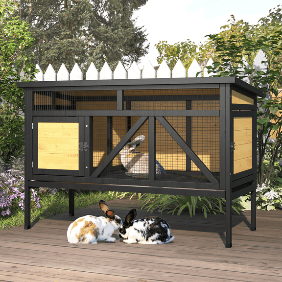 TIMHAKA 46.7" Elevated Rabbit Hutch, Indoor & Outdoor Wooden Bunny Cage w/ Removable Tray, Waterproof Roof for Small-Medium Animals