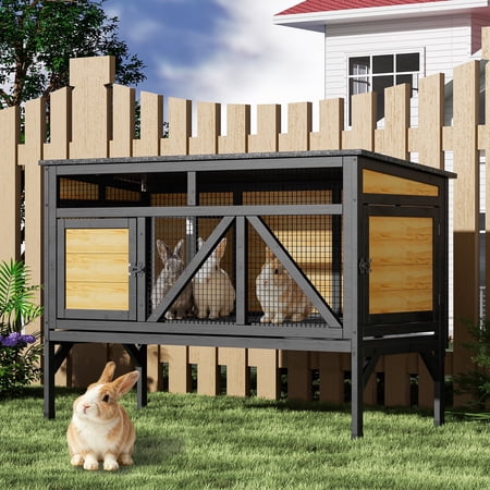 TIMHAKA 46.7" Elevated Rabbit Hutch, Indoor & Outdoor Wooden Bunny Cage w/ Removable Tray, Waterproof Roof for Small-Medium Animals