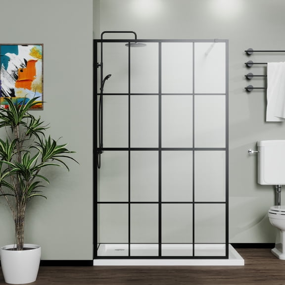 4672" Tempered Glass Shower Screen Walk-in Shower Door Aluminium Frame Black