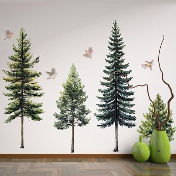 46.8" Green Pine Tree Wall Decals Large Forest Tree Wall Stickers 4 Sheets Peel and Stick Bird Wall Decal for Living Room Bedroom Nursery Kids Room Christmas Decor (Green Pine Trees)
