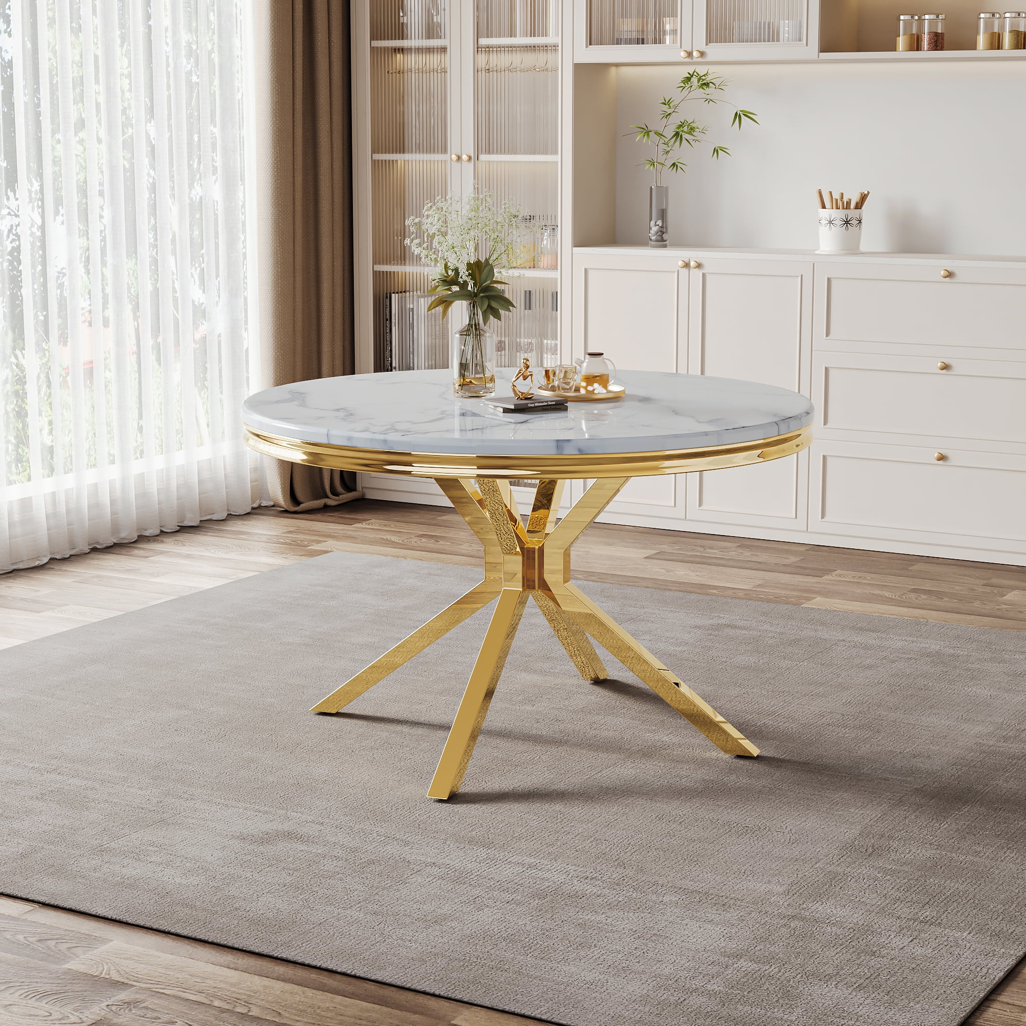46.8" Round Dining Table for 4 People, Modern Faux Marble Kitchen Table with Stainless Steel ...