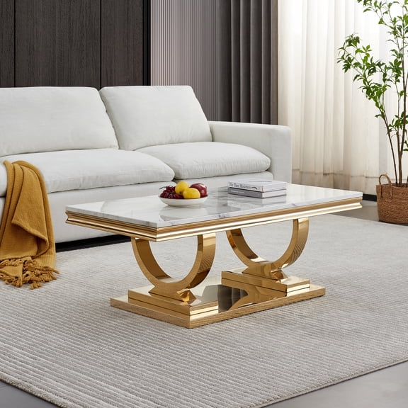 46.85" Marble Coffee Table, Rectangular Faux Marble Top with Gold Mirrored Stainless Steel Double O-Base, for Living Room, Hallway, Lounge Area