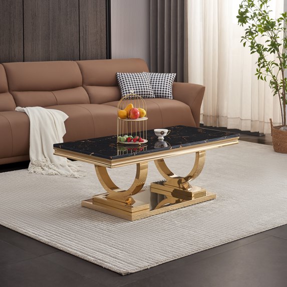 46.85" Marble Coffee Table, Rectangular Faux Marble Top with Gold Mirrored Stainless Steel Double O-Base, for Living Room, Hallway, Lounge Area