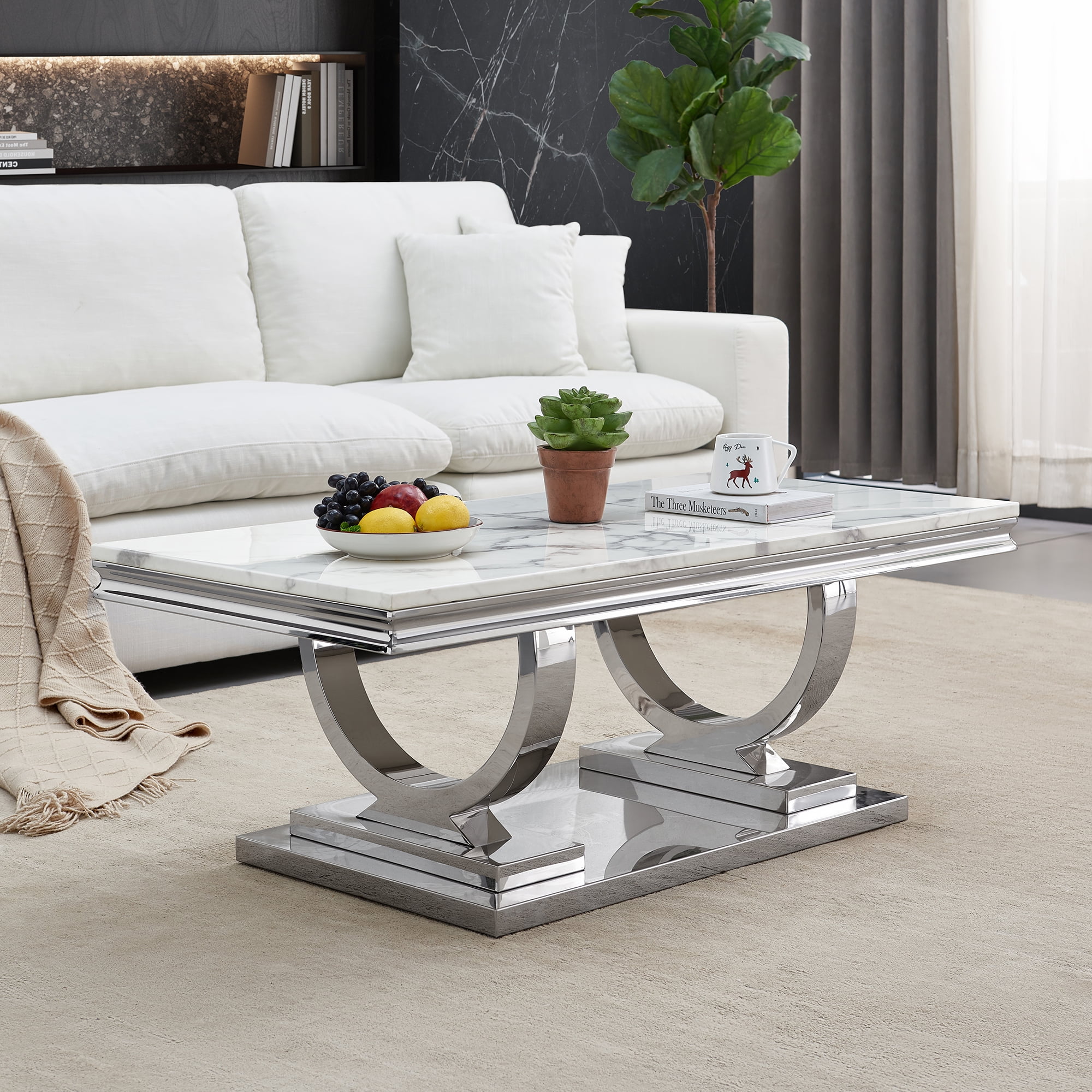 46.85" Marble Coffee Table, Rectangular Faux Marble Top with Silver Mirrored Stainless Steel Double O-Base, for Living Room, Hallway, Lounge Area