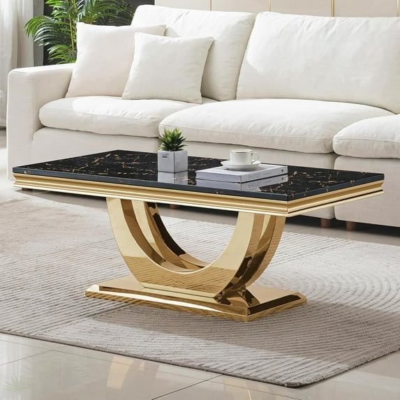 46.85" Modern Coffee Table, Faux Marble Top and Gold U-Shaped Stainless Steel Base for Living Room,Home Office
