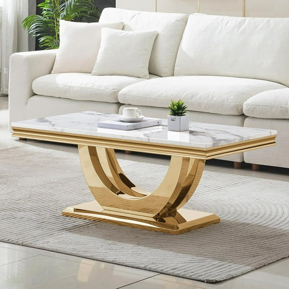 46.85" Modern Coffee Table, Faux Marble Top and Gold U-Shaped Stainless Steel Base for Living Room,Home Office