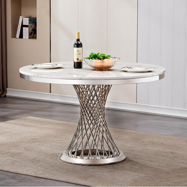 46.85Inch Modern Round Dining Table, Marble Top Kitchen Table with ...
