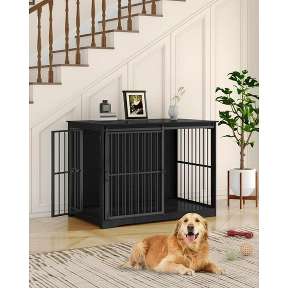 46.9" Dog Crate Furniture, with Barn Door, Heavy Duty Dog Cage for Large Dogs, Anti-Chew, Black