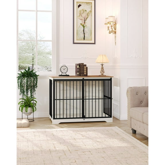 46.9" Double Door Dog Crate with Barn Door, End Side Table Wooden Dog Crate,Anti-Chew Anti-Escape