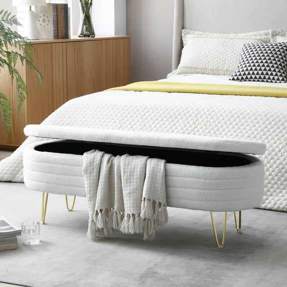 46.9" Width Oval Storage Bench with Gold Legs,Teddy Fabric Upholstered Ottoman Storage Benches for Bedroom End of Bed,Sherpa Fabric Bench for Living Room,Dining Room,Entryway,Bed Side,Beige