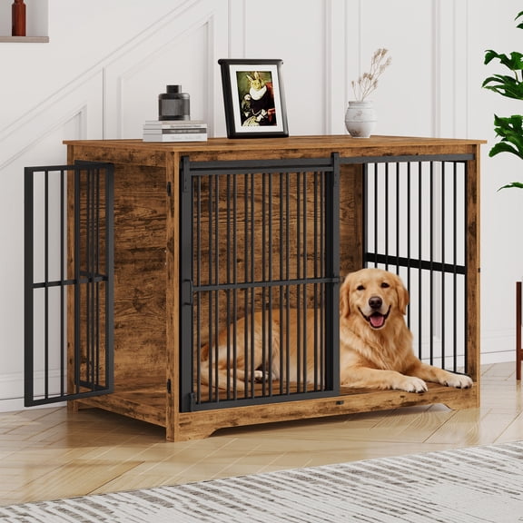 46.9"XXL Wooden Dog Crate Furniture. Anti-chew as side end table ,Rustic Brown